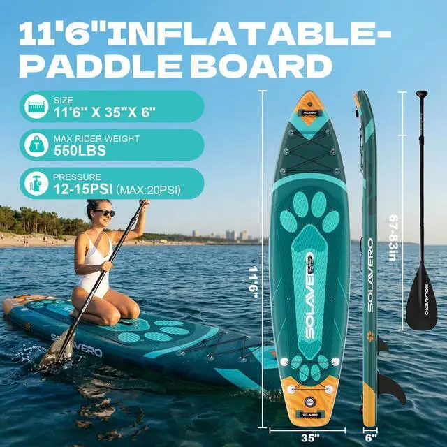 Alt view image 2 of 7 - 11'6" Inflatable Stand Up Paddle Board Supports 550 lbs - Extra Wide Stable Design with Non-Slip EVA Deck, SUP with Premium Accessories for Adults & Youth for Lake River Ocean