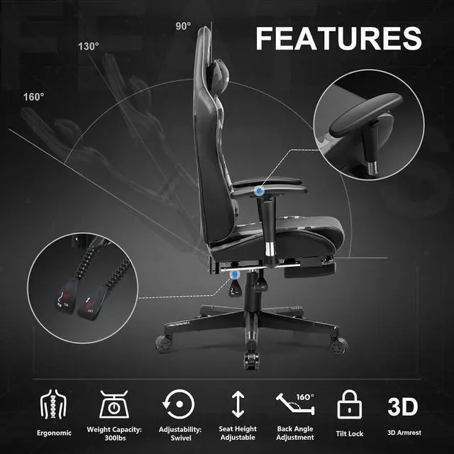 Alt view image 6 of 6 - Gaming Chair with Footrest, Ergonomic Computer Game Desk Chair, Recline Gaming Chair Seat Height Adjustment, Swivel Rocker with Headrest and Lumbar (Camouflage)
