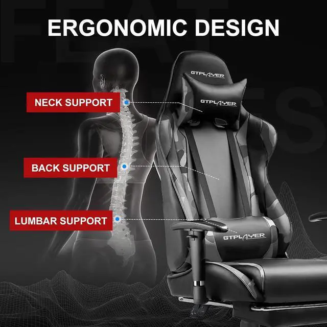 Alt view image 5 of 6 - Gaming Chair with Footrest, Ergonomic Computer Game Desk Chair, Recline Gaming Chair Seat Height Adjustment, Swivel Rocker with Headrest and Lumbar (Camouflage)