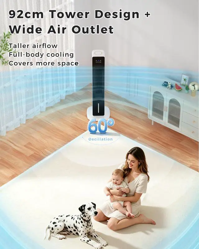 Alt view image 3 of 7 - Evaporative Air Cooler, 3-in-1 Portable AC Tower Fan Air Conditioner with 4 Modes & 3 Speeds, 24H Timer, Remote 60°Oscillating Tower Fan, Quiet Swamp Cooler, Tower AC for Bedroom Office, 36inch, Black