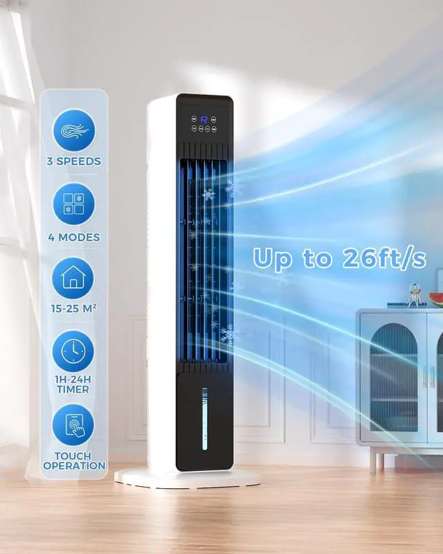 Alt view image 4 of 7 - Evaporative Air Cooler, 3-in-1 Portable AC Tower Fan Air Conditioner with 4 Modes & 3 Speeds, 24H Timer, Remote 60°Oscillating Tower Fan, Quiet Swamp Cooler, Tower AC for Bedroom Office, 36inch, Black