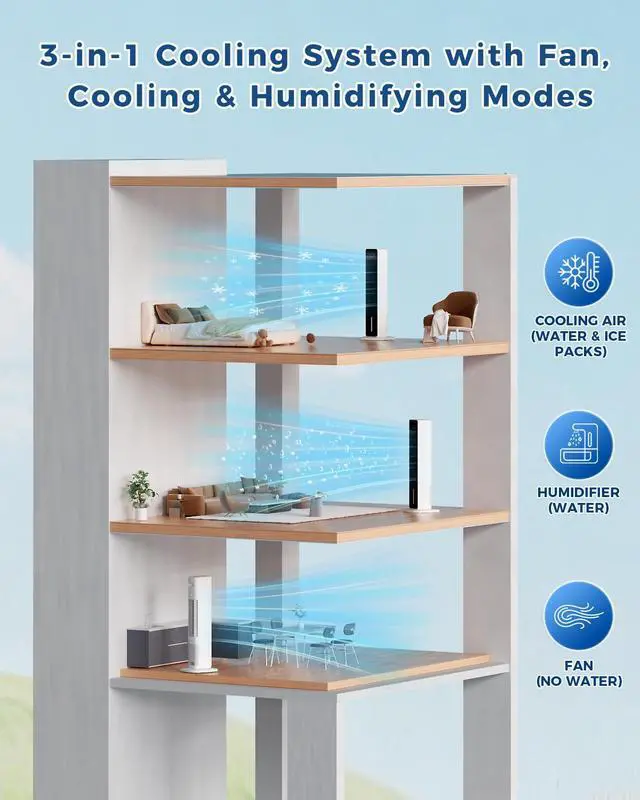 Alt view image 5 of 7 - Evaporative Air Cooler, 3-in-1 Portable AC Tower Fan Air Conditioner with 4 Modes & 3 Speeds, 24H Timer, Remote 60°Oscillating Tower Fan, Quiet Swamp Cooler, Tower AC for Bedroom Office, 36inch, Black