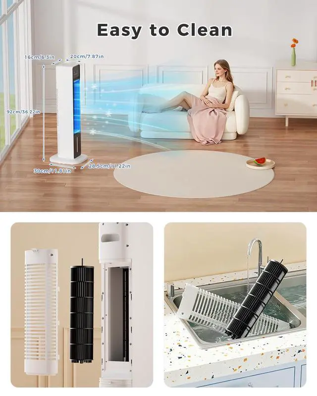 Alt view image 7 of 7 - Evaporative Air Cooler, 3-in-1 Portable AC Tower Fan Air Conditioner with 4 Modes & 3 Speeds, 24H Timer, Remote 60°Oscillating Tower Fan, Quiet Swamp Cooler, Tower AC for Bedroom Office, 36inch, Black