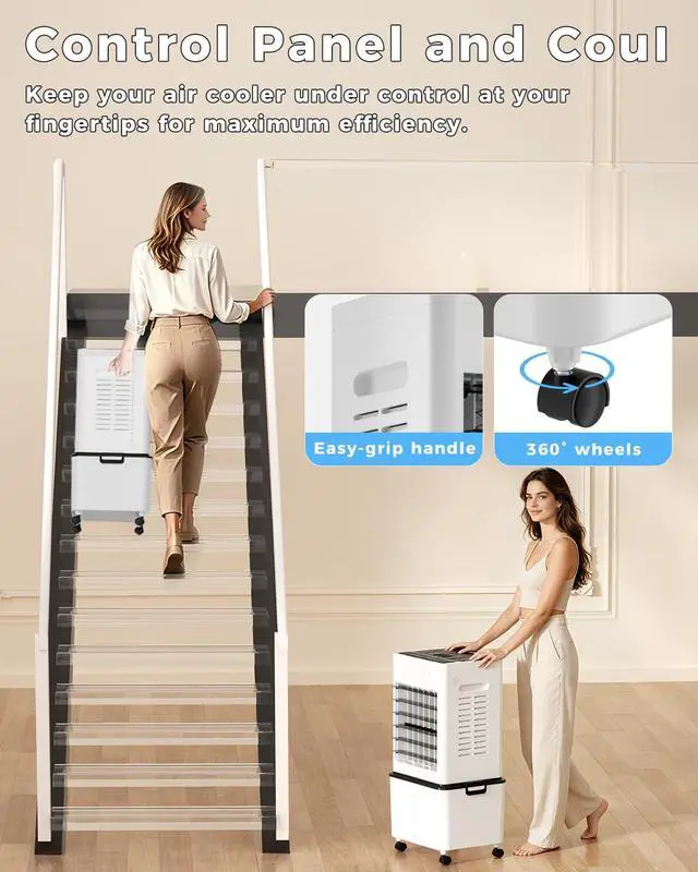 Alt view image 7 of 7 - Evaporative Air Cooler Fan, Small Swamp Cooler Fan with 12L Removable Water Tank, 6 Speeds, Cooling Spray Modes & Lights, Remote, 24H Timer for Bedroom, Office & Living Room