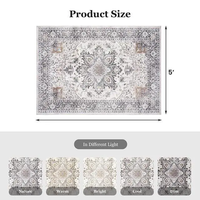 Alt view image 2 of 6 - 5'x7' Area Rugs for Living Room, Machine Washable Rugs Vintage Area Rug for Bedroom Dining Room Dorm Office with Non-Slip Backing, Stain Resistant Non-Shed Carpet