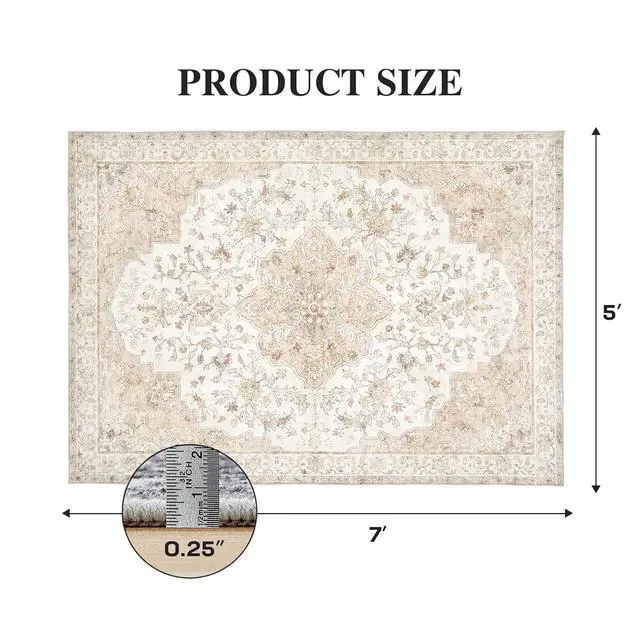 Alt view image 2 of 6 - 5'x7' Boho Area Rugs for Living Room, Machine Washable Stain Resistant Non-Shed Carpet, Floral Area Rug with Non-Slip Backing for Bedroom, Dining Room, Dorm, Office