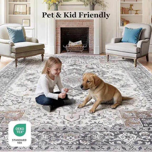 Alt view image 5 of 6 - 5'x7' Area Rugs for Living Room, Machine Washable Rugs Vintage Area Rug for Bedroom Dining Room Dorm Office with Non-Slip Backing, Stain Resistant Non-Shed Carpet