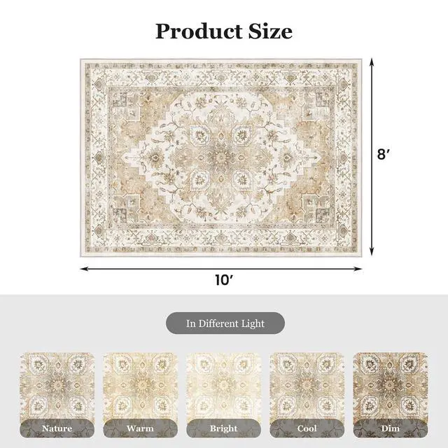 Alt view image 2 of 5 - 8'x10' Area Rugs for Living Room, Machine Washable Rugs Vintage Area Rug for Bedroom Dining Room Dorm Office with Non-Slip Backing, Stain Resistant Non-Shed Carpet