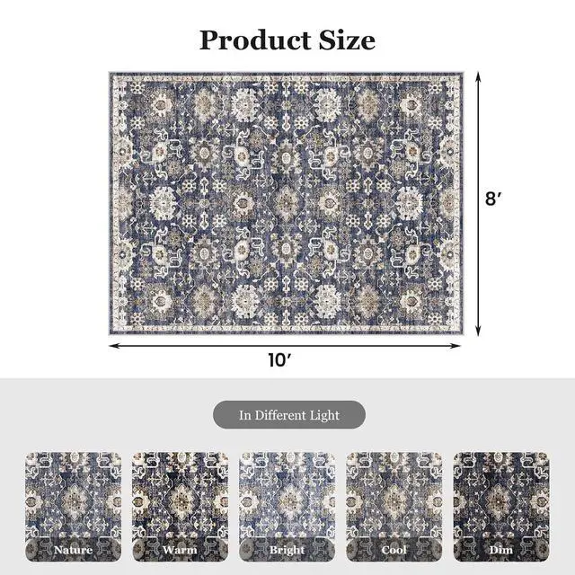 Alt view image 2 of 6 - 8'x10' Area Rugs for Living Room, Machine Washable Rugs Vintage Area Rug for Bedroom Dining Room Dorm Office with Non-Slip Backing, Stain Resistant Non-Shed Carpet