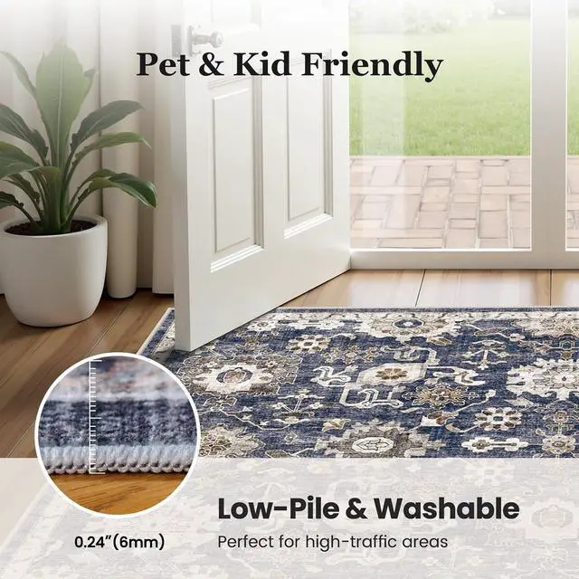 Alt view image 3 of 6 - 8'x10' Area Rugs for Living Room, Machine Washable Rugs Vintage Area Rug for Bedroom Dining Room Dorm Office with Non-Slip Backing, Stain Resistant Non-Shed Carpet