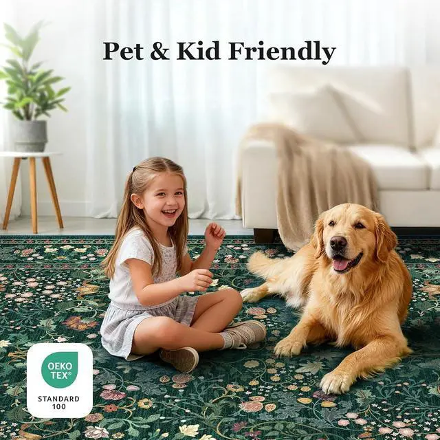Alt view image 2 of 5 - 8'x10' Area Rugs for Living Room, Floral Washable Rug Boho Non-Slip Printed Carpet, Vintage Stain Resistant Indoor Rug for Bedroom Dining Room Home Office
