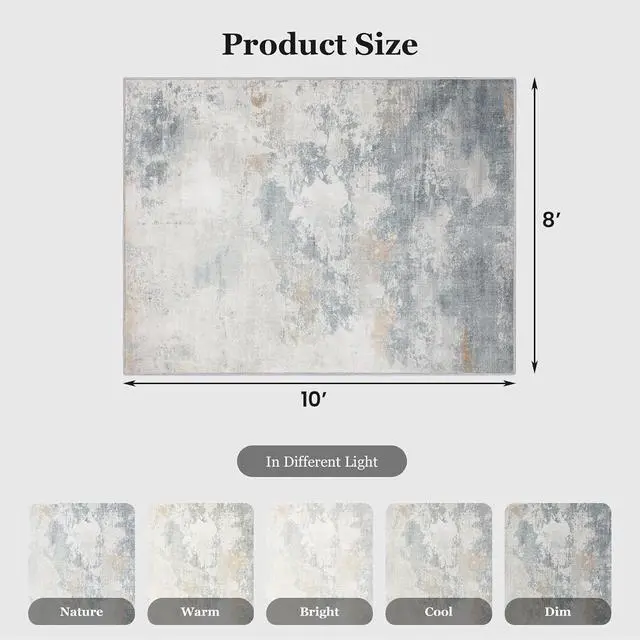 Alt view image 2 of 5 - 8'x10' Area Rugs for Living Room, Machine Washable Abstract Distressed Rugs Indoor Neutral Carpet Rugs for Bedroom Dining Room Office with Non-Slip Backing, Stain Resistant Non-Shed