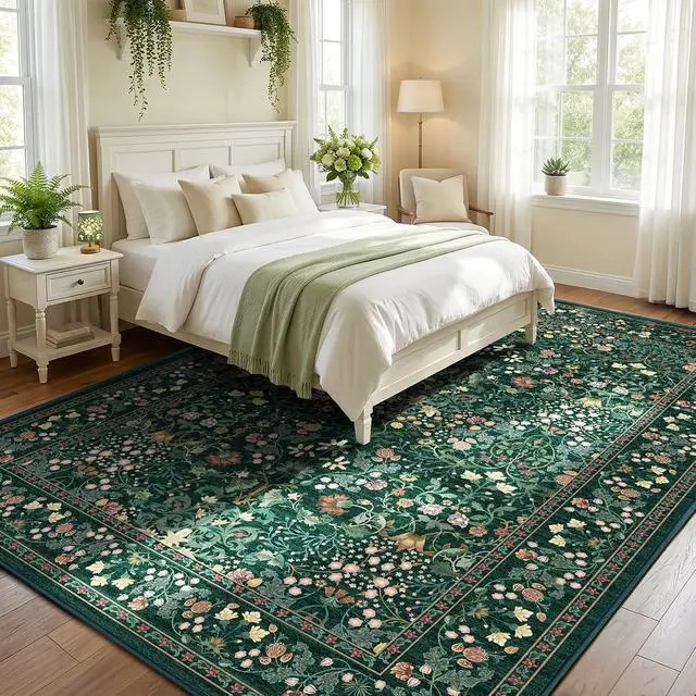 Alt view image 3 of 5 - 8'x10' Area Rugs for Living Room, Floral Washable Rug Boho Non-Slip Printed Carpet, Vintage Stain Resistant Indoor Rug for Bedroom Dining Room Home Office