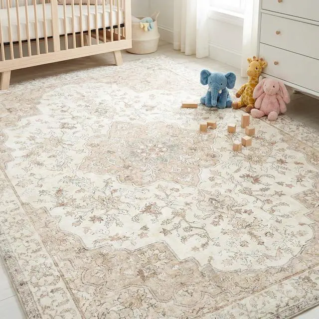 Alt view image 6 of 6 - 5'x7' Boho Area Rugs for Living Room, Machine Washable Stain Resistant Non-Shed Carpet, Floral Area Rug with Non-Slip Backing for Bedroom, Dining Room, Dorm, Office