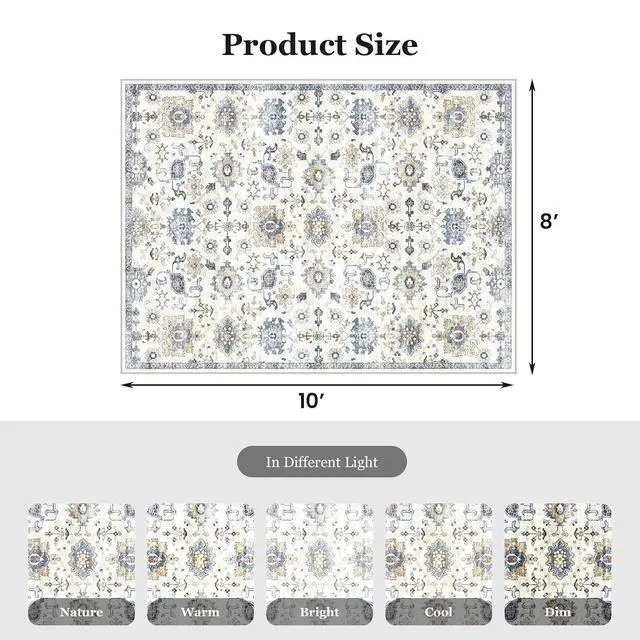 Alt view image 2 of 6 - 8'x10' Area Rugs for Living Room, Machine Washable Rugs Vintage Area Rug for Bedroom Dining Room Dorm Office with Non-Slip Backing, Stain Resistant Non-Shed Carpet