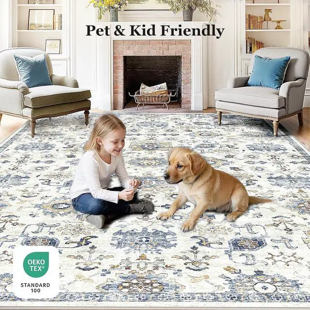Alt view image 6 of 6 - 8'x10' Area Rugs for Living Room, Machine Washable Rugs Vintage Area Rug for Bedroom Dining Room Dorm Office with Non-Slip Backing, Stain Resistant Non-Shed Carpet