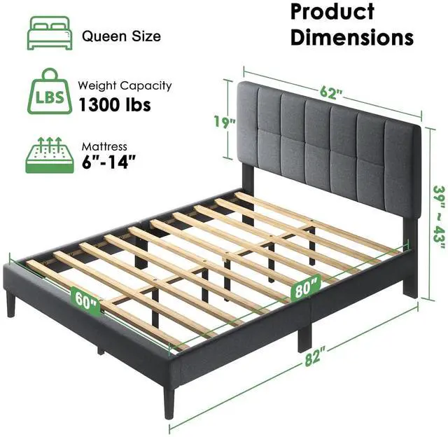 Alt view image 2 of 7 - Queen Size Bed Frame, Sturdy and Durable with 12 Support Legs, 1300 lbs Capacity, Solid Wooden Upholstered Adjustable Headboard for 6"-12" Mattresses, Easy Assembly, Ideal Height, Dark Gray