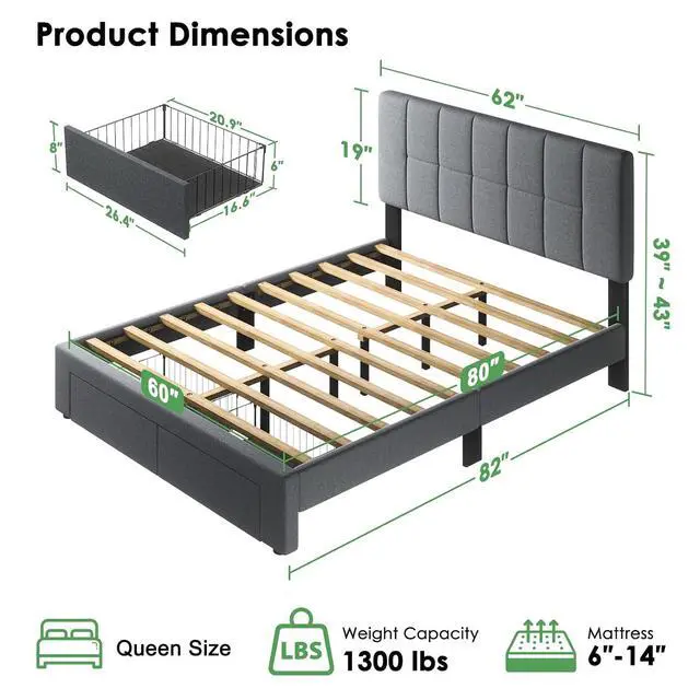 Alt view image 2 of 7 - Queen Bed Frame with 2 Storage Drawers, Sturdy & Durable with 12 Support Legs, 1300 lbs Capacity, Solid Wooden Upholstered Adjustable Headboard for 612 Mattresses, Easy Assembly, Dark Gray