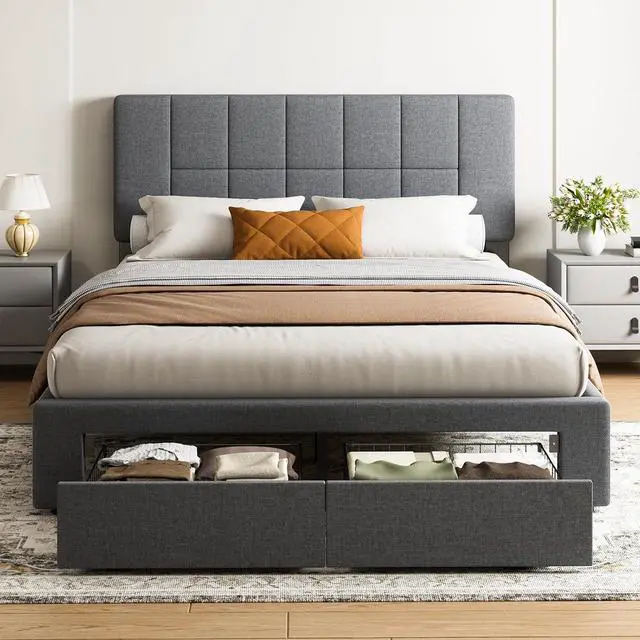 Main image of Queen Bed Frame with 2 Storage Drawers, Sturdy & Durable with 12 Support Legs, 1300 lbs Capacity, Solid Wooden Upholstered Adjustable Headboard for 612 Mattresses, Easy Assembly, Dark Gray