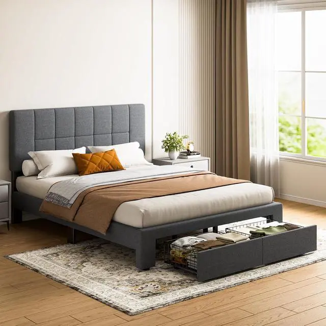 Alt view image 3 of 7 - Queen Bed Frame with 2 Storage Drawers, Sturdy & Durable with 12 Support Legs, 1300 lbs Capacity, Solid Wooden Upholstered Adjustable Headboard for 612 Mattresses, Easy Assembly, Dark Gray