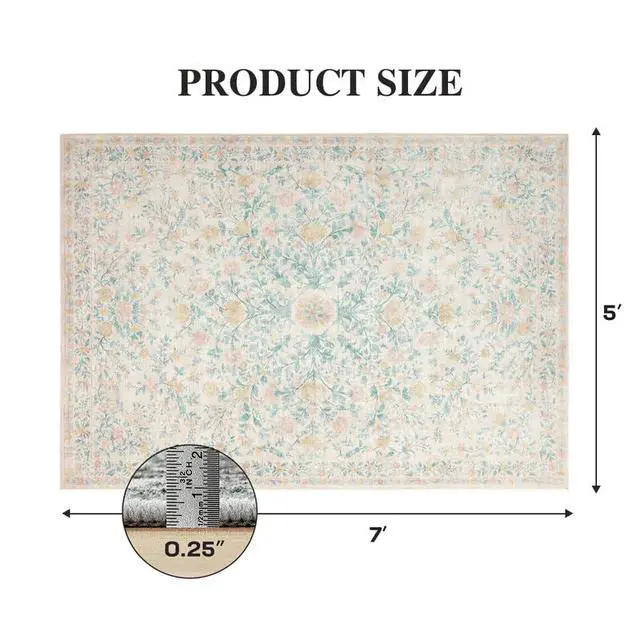 Alt view image 2 of 5 - 8'x10' Machine-Washable Area Rugs for Living Room, Boho Floral Area Rugs with Non-Slip Backing, Stain Resistant Non-Shed Carpet for Bedroom, Dining Room, Dorm, Office