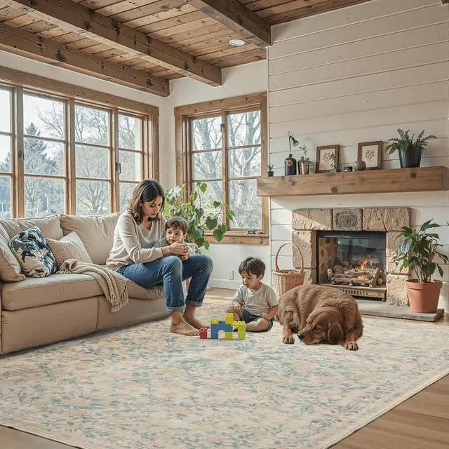 Alt view image 5 of 5 - 8'x10' Machine-Washable Area Rugs for Living Room, Boho Floral Area Rugs with Non-Slip Backing, Stain Resistant Non-Shed Carpet for Bedroom, Dining Room, Dorm, Office