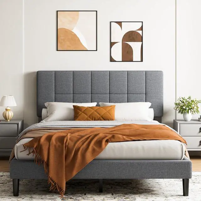 Main image of Queen Size Bed Frame, Sturdy and Durable with 12 Support Legs, 1300 lbs Capacity, Solid Wooden Upholstered Adjustable Headboard for 6"-12" Mattresses, Easy Assembly, Ideal Height, Dark Gray