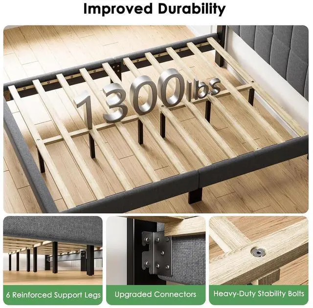 Alt view image 3 of 7 - Queen Size Bed Frame, Sturdy and Durable with 12 Support Legs, 1300 lbs Capacity, Solid Wooden Upholstered Adjustable Headboard for 6"-12" Mattresses, Easy Assembly, Ideal Height, Dark Gray