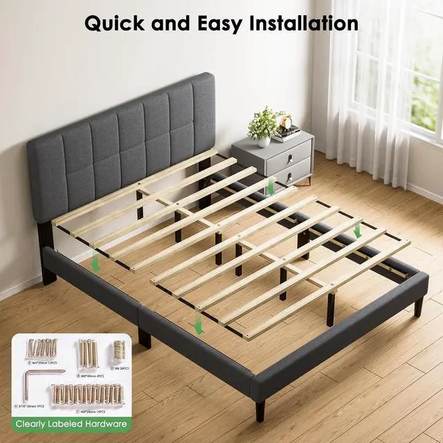 Alt view image 5 of 7 - Queen Size Bed Frame, Sturdy and Durable with 12 Support Legs, 1300 lbs Capacity, Solid Wooden Upholstered Adjustable Headboard for 6"-12" Mattresses, Easy Assembly, Ideal Height, Dark Gray