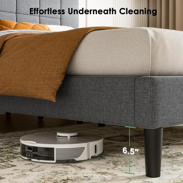 Alt view image 6 of 7 - Queen Size Bed Frame, Sturdy and Durable with 12 Support Legs, 1300 lbs Capacity, Solid Wooden Upholstered Adjustable Headboard for 6"-12" Mattresses, Easy Assembly, Ideal Height, Dark Gray
