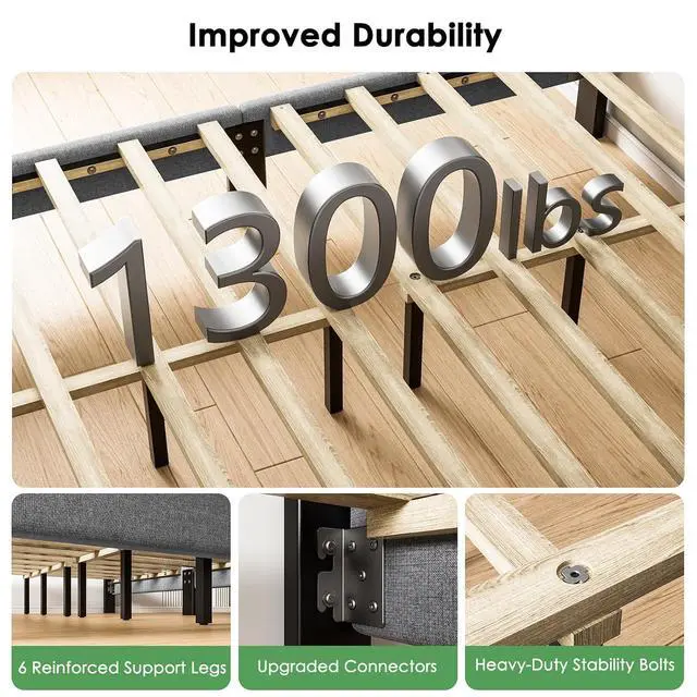 Alt view image 7 of 7 - Queen Bed Frame with 2 Storage Drawers, Sturdy & Durable with 12 Support Legs, 1300 lbs Capacity, Solid Wooden Upholstered Adjustable Headboard for 612 Mattresses, Easy Assembly, Dark Gray