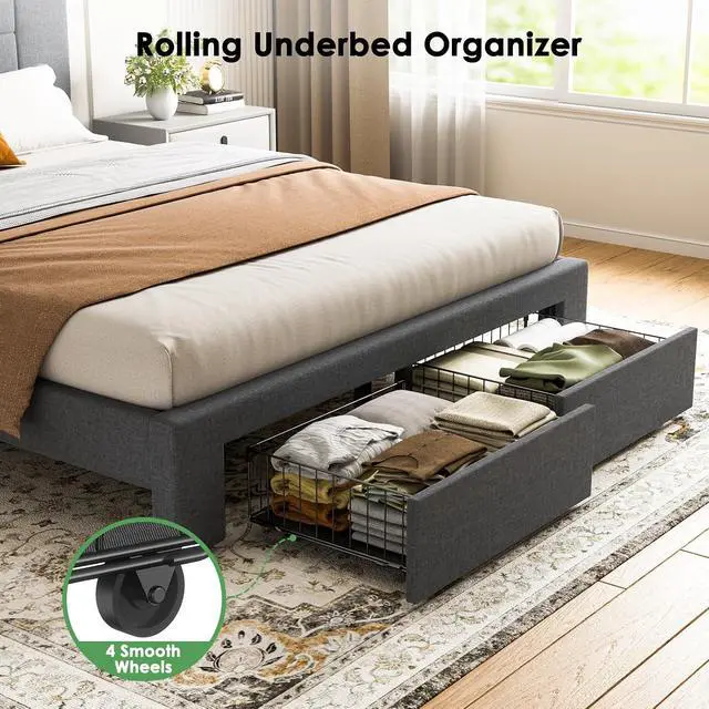 Alt view image 5 of 7 - Queen Bed Frame with 2 Storage Drawers, Sturdy & Durable with 12 Support Legs, 1300 lbs Capacity, Solid Wooden Upholstered Adjustable Headboard for 612 Mattresses, Easy Assembly, Dark Gray