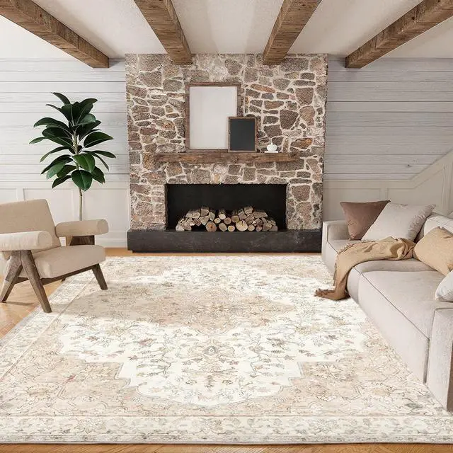 Main image of 8'x10' Boho Area Rugs for Living Room, Machine Washable Floral Area Rug with Non-Slip Backing, Stain Resistant Non-Shed Carpet for Bedroom, Dining Room, Dorm, Office