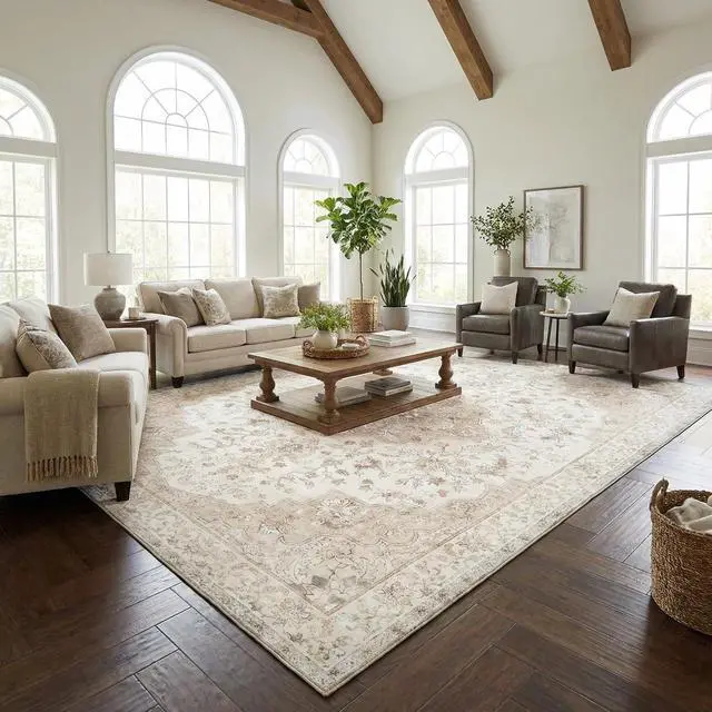Alt view image 2 of 6 - 8'x10' Boho Area Rugs for Living Room, Machine Washable Floral Area Rug with Non-Slip Backing, Stain Resistant Non-Shed Carpet for Bedroom, Dining Room, Dorm, Office