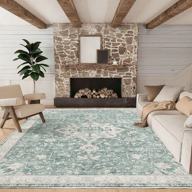 Alt view image 3 of 5 - 8'x10' Boho Area Rugs for Living Room, Machine Washable Floral Area Rug with Non-Slip Backing, Stain Resistant Non-Shed Carpet for Bedroom, Dining Room, Dorm, Office