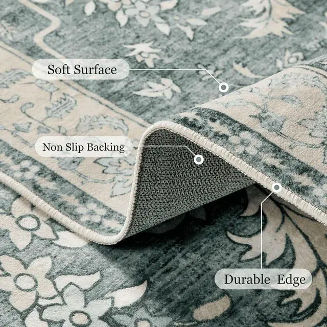 Alt view image 5 of 5 - 8'x10' Boho Area Rugs for Living Room, Machine Washable Floral Area Rug with Non-Slip Backing, Stain Resistant Non-Shed Carpet for Bedroom, Dining Room, Dorm, Office