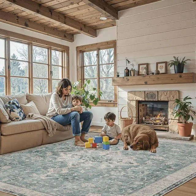 Alt view image 4 of 5 - 8'x10' Boho Area Rugs for Living Room, Machine Washable Floral Area Rug with Non-Slip Backing, Stain Resistant Non-Shed Carpet for Bedroom, Dining Room, Dorm, Office