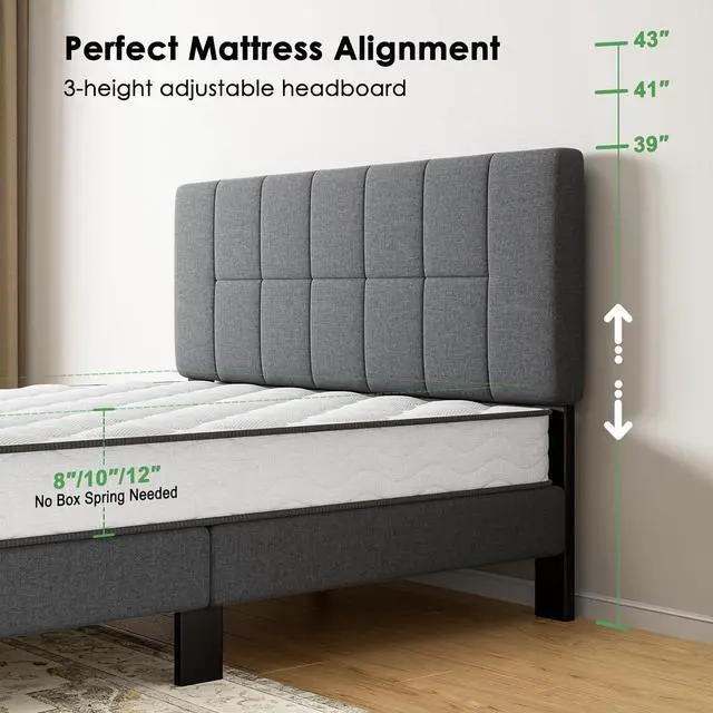 Alt view image 7 of 7 - Queen Size Bed Frame, Sturdy and Durable with 12 Support Legs, 1300 lbs Capacity, Solid Wooden Upholstered Adjustable Headboard for 6"-12" Mattresses, Easy Assembly, Ideal Height, Dark Gray