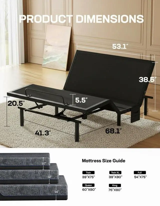 Alt view image 2 of 7 - Queen Adjustable Bed Frame with Massage, Electric Adjustable Bed Base with Head & Foot Incline, Quiet Motor Adjustable Bed Frame with USB Ports, LED Light, Height-Adjustable Legs