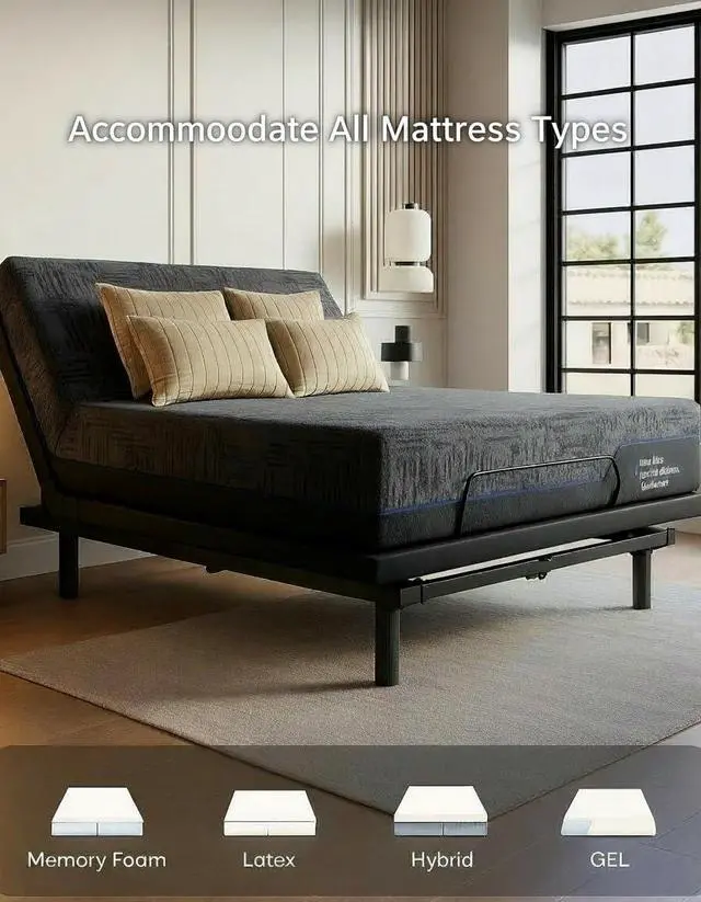 Alt view image 4 of 7 - Queen Adjustable Bed Frame with Massage, Electric Adjustable Bed Base with Head & Foot Incline, Quiet Motor Adjustable Bed Frame with USB Ports, LED Light, Height-Adjustable Legs