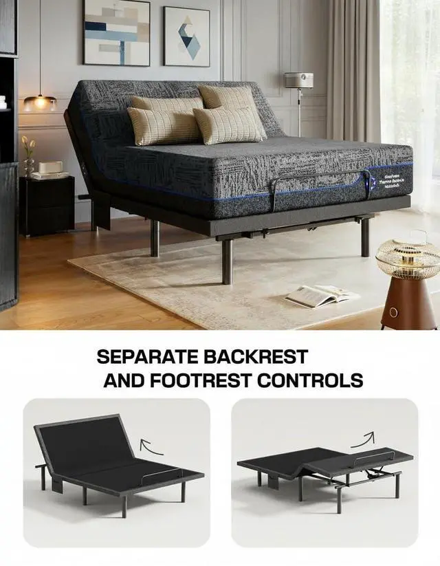 Alt view image 5 of 7 - Queen Adjustable Bed Frame with Massage, Electric Adjustable Bed Base with Head & Foot Incline, Quiet Motor Adjustable Bed Frame with USB Ports, LED Light, Height-Adjustable Legs