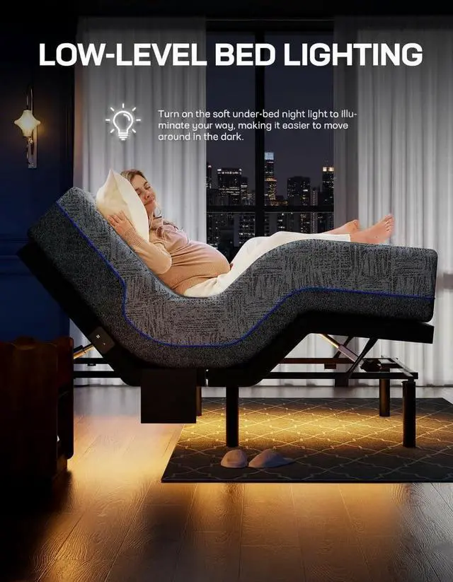 Alt view image 6 of 7 - Queen Adjustable Bed Frame with Massage, Electric Adjustable Bed Base with Head & Foot Incline, Quiet Motor Adjustable Bed Frame with USB Ports, LED Light, Height-Adjustable Legs