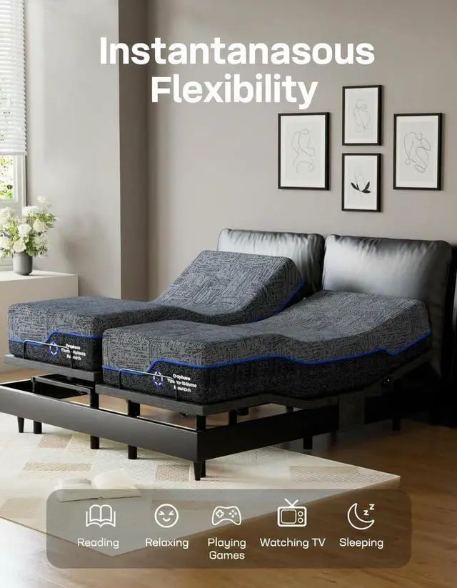 Alt view image 7 of 7 - Queen Adjustable Bed Frame with Massage, Electric Adjustable Bed Base with Head & Foot Incline, Quiet Motor Adjustable Bed Frame with USB Ports, LED Light, Height-Adjustable Legs