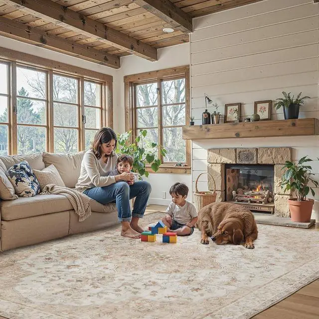 Alt view image 4 of 6 - 8'x10' Boho Area Rugs for Living Room, Machine Washable Floral Area Rug with Non-Slip Backing, Stain Resistant Non-Shed Carpet for Bedroom, Dining Room, Dorm, Office