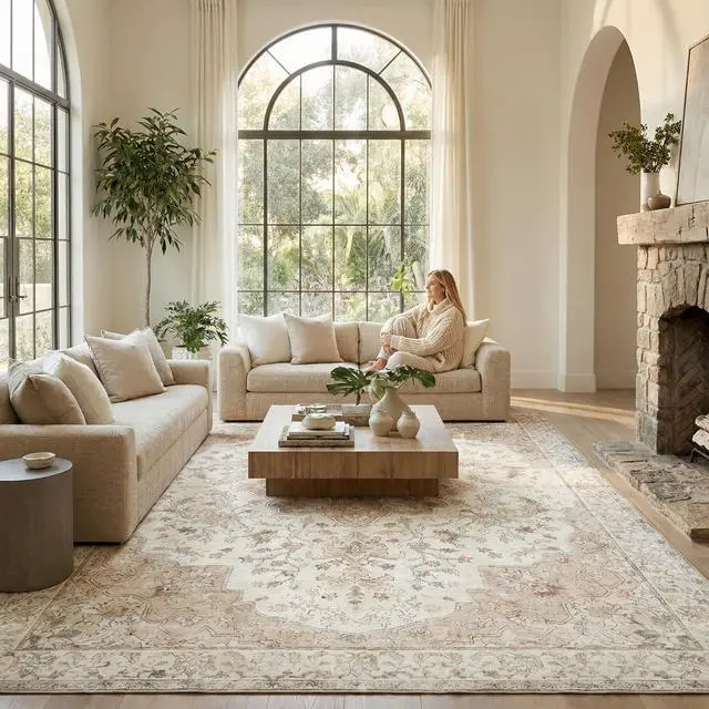 Alt view image 5 of 6 - 8'x10' Boho Area Rugs for Living Room, Machine Washable Floral Area Rug with Non-Slip Backing, Stain Resistant Non-Shed Carpet for Bedroom, Dining Room, Dorm, Office