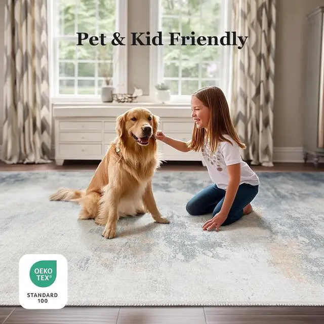 Alt view image 3 of 5 - 9'x12' Area Rugs for Living Room, Machine Washable Abstract Distressed Rugs Indoor Neutral Carpet Rugs for Bedroom Dining Room Office with Non-Slip Backing, Stain Resistant Non-Shed