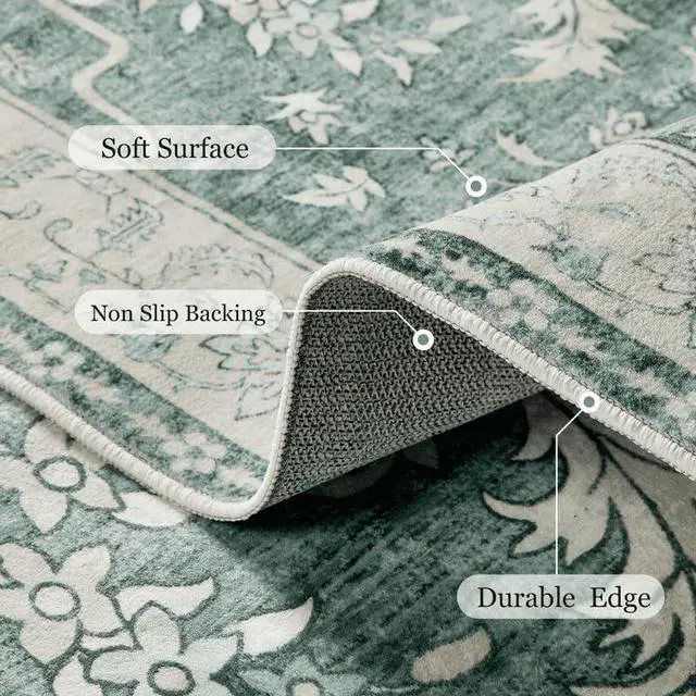 Alt view image 3 of 5 - 8'x10' Boho Area Rugs for Living Room, Machine Washable Floral Area Rug with Non-Slip Backing, Stain Resistant Non-Shed Carpet for Bedroom, Dining Room, Dorm, Office