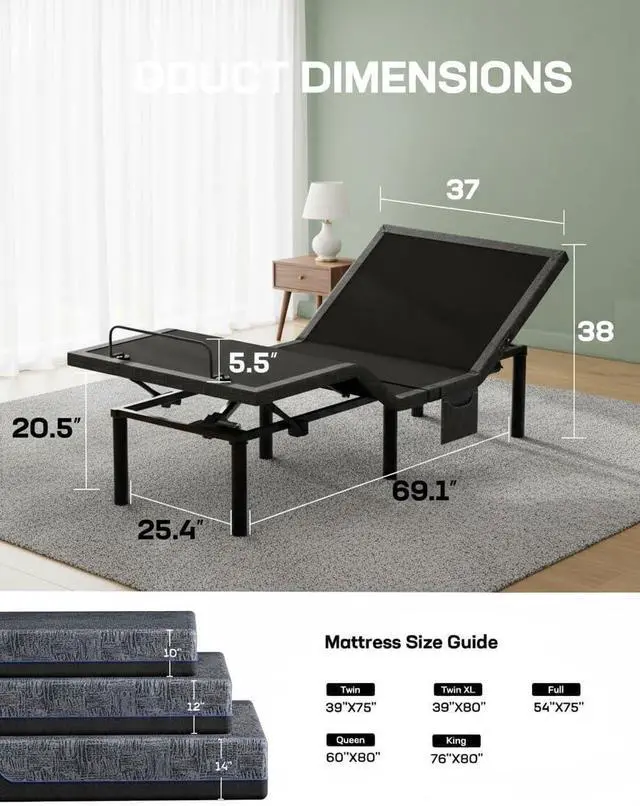 Alt view image 2 of 7 - Twin XL Adjustable Bed Frame with Head & Foot Incline, 4 USB Ports, Under-Bed Night Light, 4 Height Options, Remote Control & Zero Gravity Electric Adjustable Bed Base