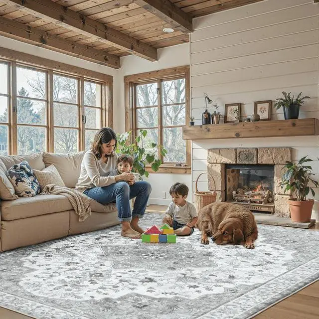 Alt view image 3 of 5 - 8'x10' Machine-Washable Area Rugs for Living Room, Boho Floral Area Rugs with Non-Slip Backing, Stain Resistant Non-Shed Carpet for Bedroom, Dining Room, Dorm, Office