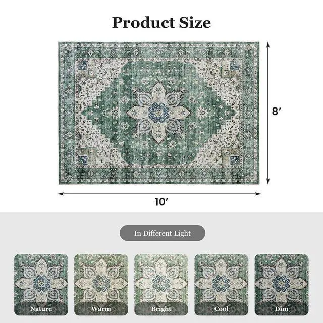 Alt view image 2 of 5 - 8'x10' Area Rugs for Living Room, Machine Washable Rugs Vintage Area Rug for Bedroom Dining Room Dorm Office with Non-Slip Backing, Stain Resistant Non-Shed Carpet
